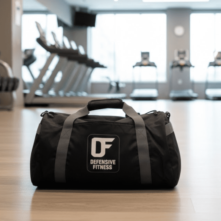 an image of a black duffel bag on a gym floor