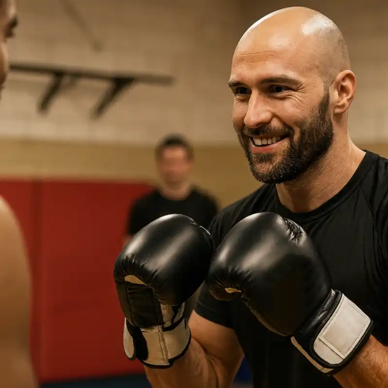 A student with black boxing gloves A student with black boxing gloves