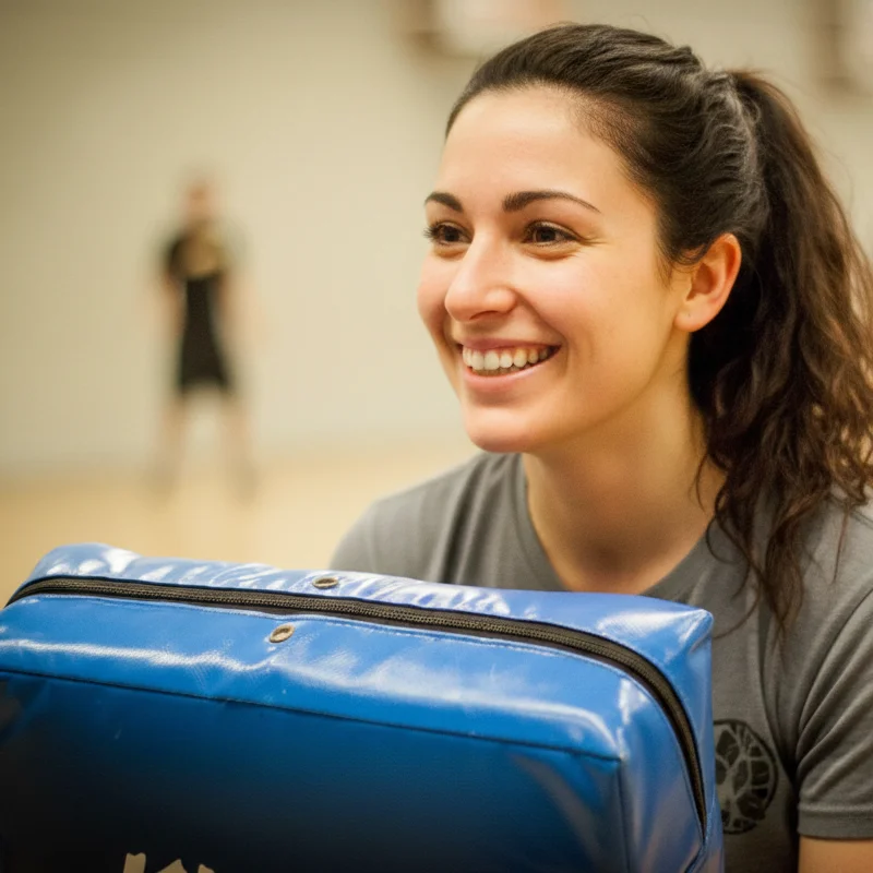 Woman with kick shield Woman with kick shield