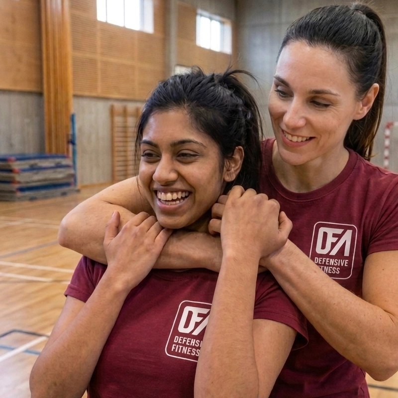 Women practicing defence to choke from behind
